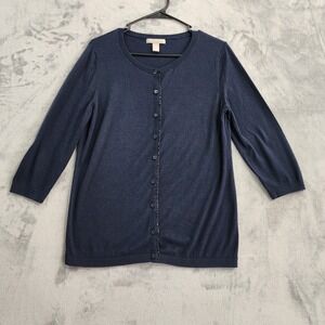 Banana Republic Cardigan Sweater Women L Blue Crew Neck 3/4 Sleeve Ruffle Preppy